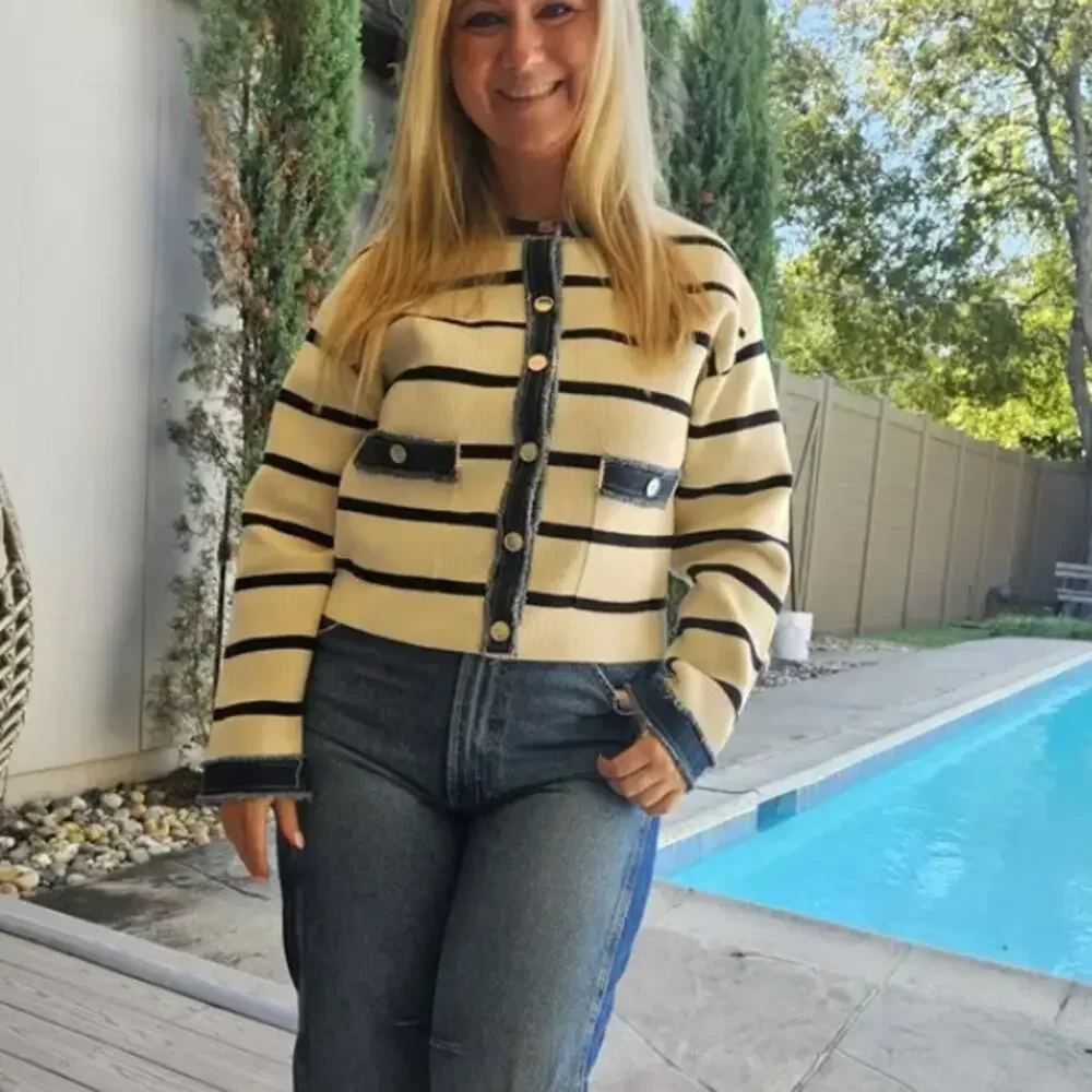 Sandro White Blue Stripe Cardigan SIZE 4  Lady Jacket Denim Preppy Designer $368